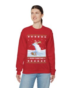 Snowman Playing Baseball Ugly Christmas Sweatshirt Womens