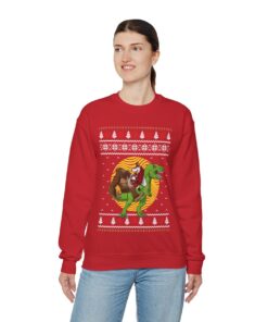 Bigfoot Santa Jesus Riding On A Dinosaur Ugly Christmas Sweatshirt For Women