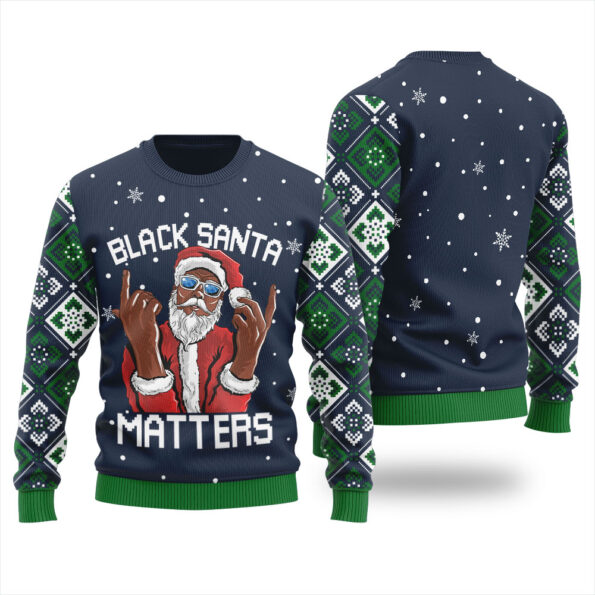 African American Santa Claus Christmas Sweater Navy