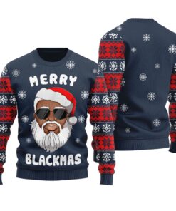African American Santa Merry Xmas Christmas Sweater Navy