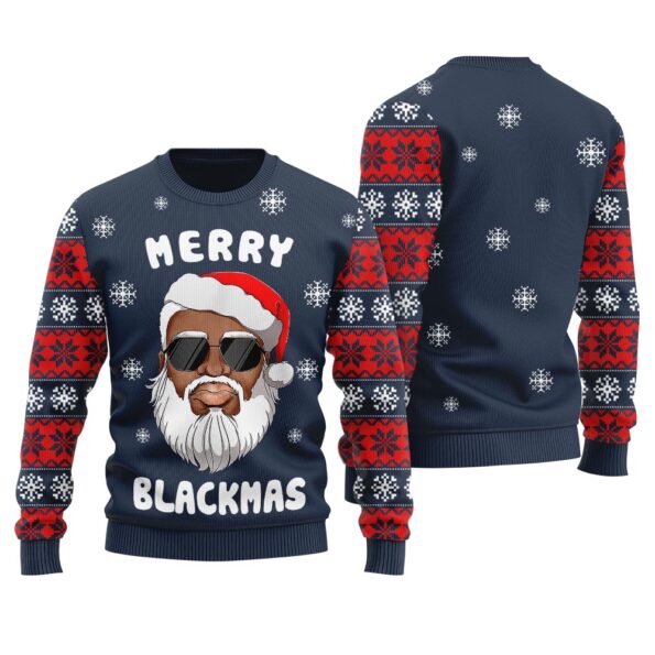 African American Santa Merry Xmas Christmas Sweater Navy