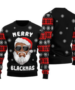 African American Santa Merry Xmas Ugly Sweater Black
