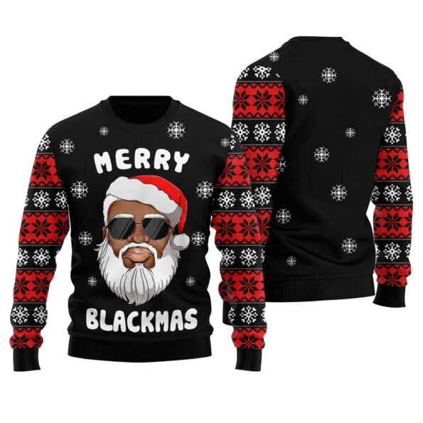 African American Santa Merry Xmas Ugly Sweater Black