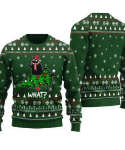 Black Cat Ugly Sweater Forest Green