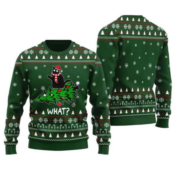 Black Cat Ugly Sweater Forest Green