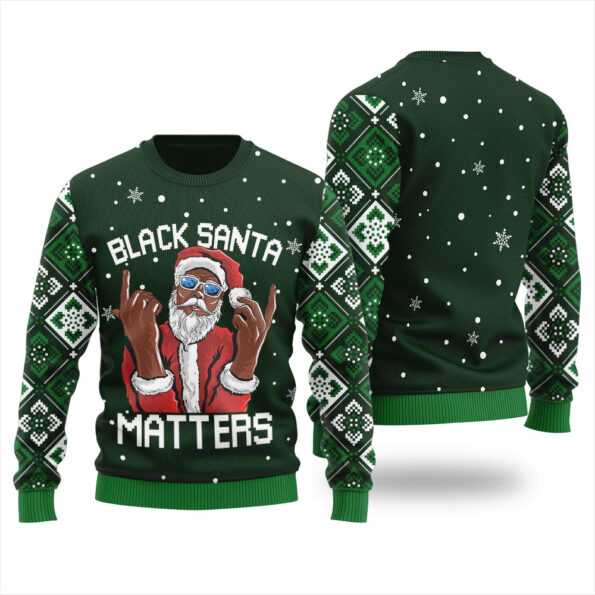 Black Santa Matters Ugly Sweater Forest Green