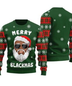 Black Santa Merry Xmas Christmas Sweater Forest Green