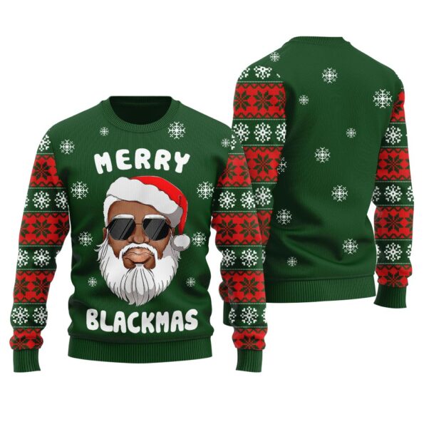 Black Santa Merry Xmas Christmas Sweater Forest Green