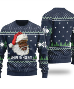 Black Santa Where My Hos At Ugly Christmas Sweater Navy