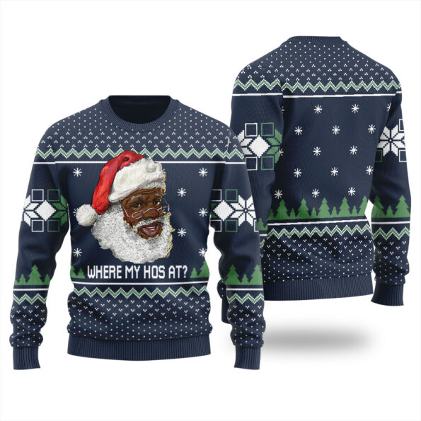 Black Santa Where My Hos At Ugly Christmas Sweater Navy