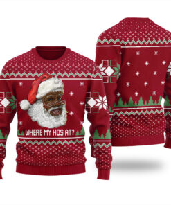 Black Santa Where My Hos At Ugly Sweater Cardinal Red