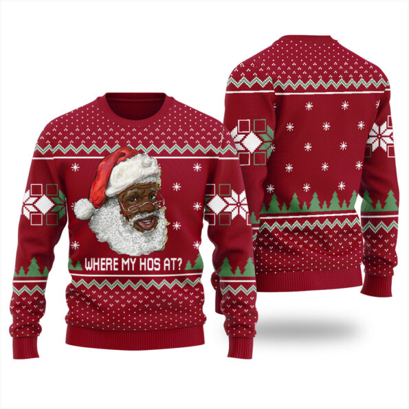Black Santa Where My Hos At Ugly Sweater Cardinal Red
