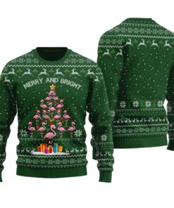 Christmas Tree Flamingo Ugly Sweater Forest Green