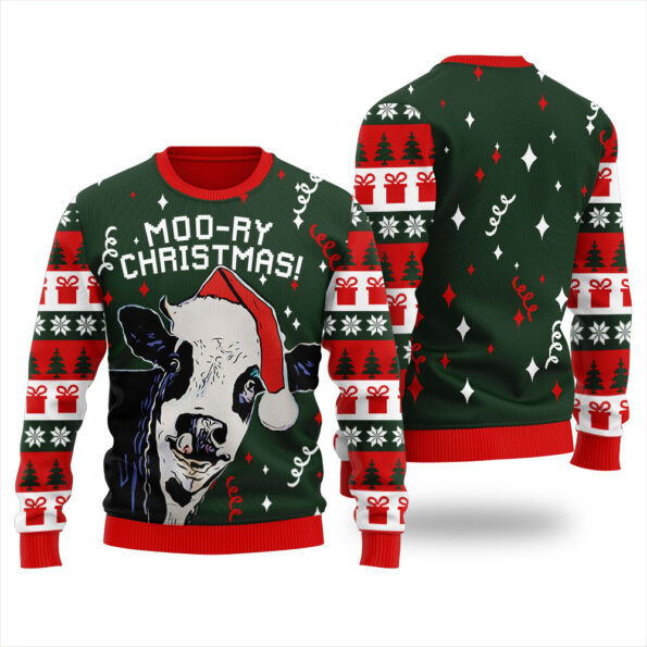 Cow Christmas Sweater Forest Green