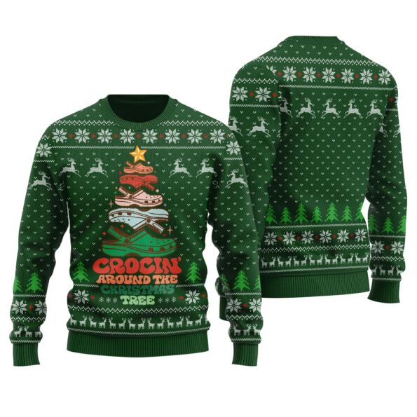 Crocing Around The Christmas Tree Ugly Sweater Forest Green