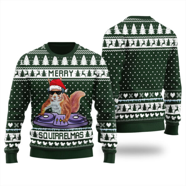 DJ Squirrel Christmas Sweater Forest Green