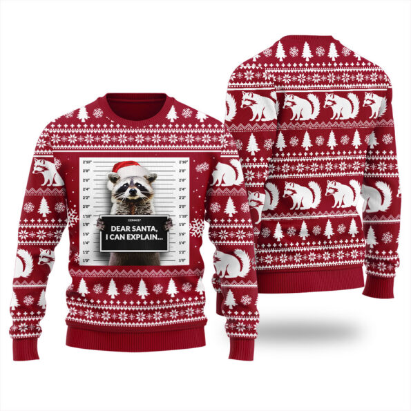 Dear Santa I Can Explain Raccoon Ugly Sweater Cardinal Red