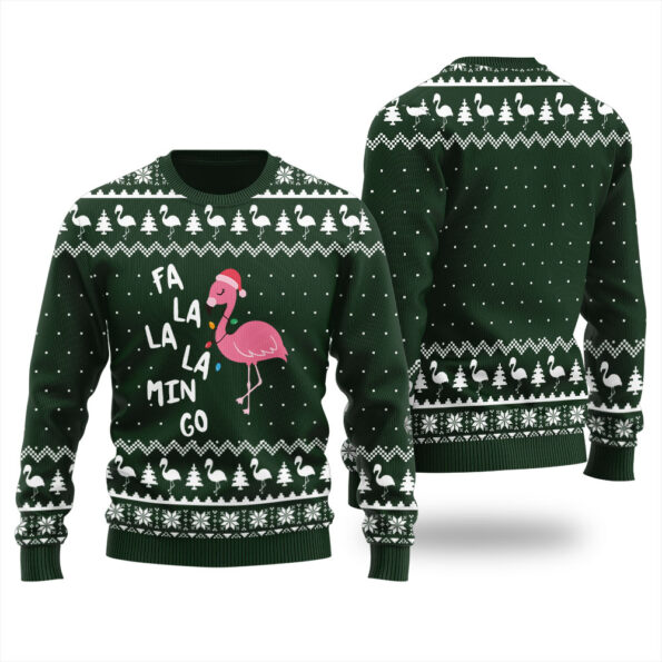 Fa La La Flamingo Christmas Sweater Forest Green
