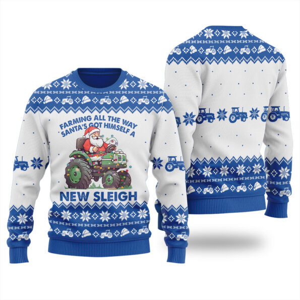 Farming All The Way Santa Truck Sleigh Christmas Sweater Royal
