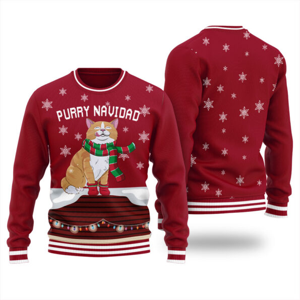 Feliz Navidad Cat Christmas Sweater Cardinal Red