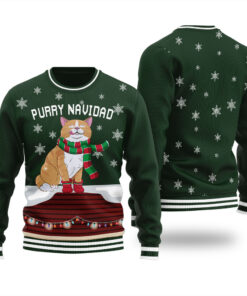 Feliz Navidad Cat Ugly Sweater Forest Green