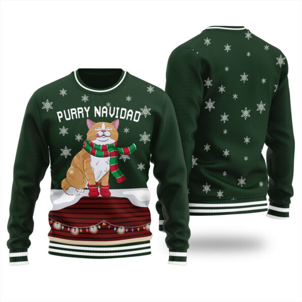 Feliz Navidad Cat Ugly Sweater Forest Green