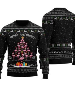 Flamingo Christmas Tree Ugly Christmas Sweater Black