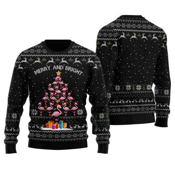 Flamingo Christmas Tree Ugly Christmas Sweater Black
