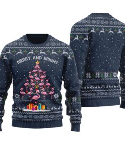 Flamingo Christmas Tree Ugly Christmas Sweater Navy