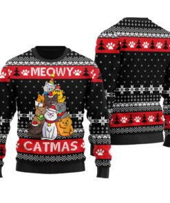 Funny Cat Christmas Tree Ugly Sweater Black