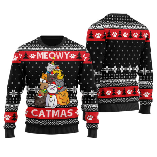 Funny Cat Christmas Tree Ugly Sweater Black