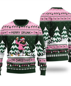 Funny Drunk Flamingo Christmas Sweater Forest Green