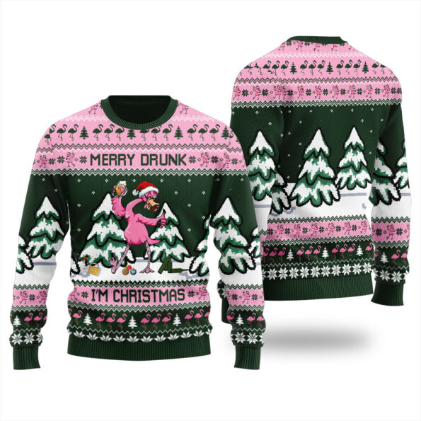 Funny Drunk Flamingo Christmas Sweater Forest Green