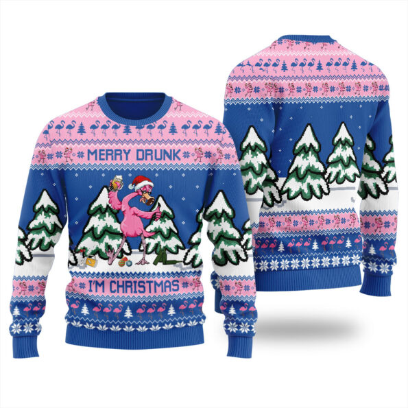 Funny Drunk Flamingo Ugly Christmas Sweater Royal