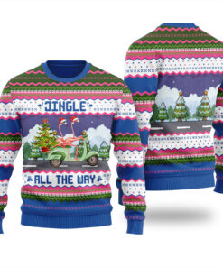 Funny Flamingo Riding Motorbike Ugly Christmas Sweater Royal