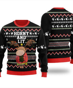 Horn And Lit Moose Ugly Christmas Sweater Black