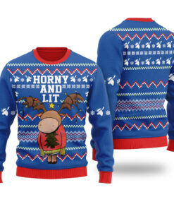 Horn And Lit Moose Ugly Christmas Sweater Royal