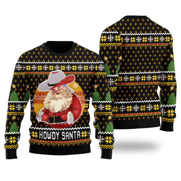 Howdy Santa Retro Ugly Christmas Sweater Black
