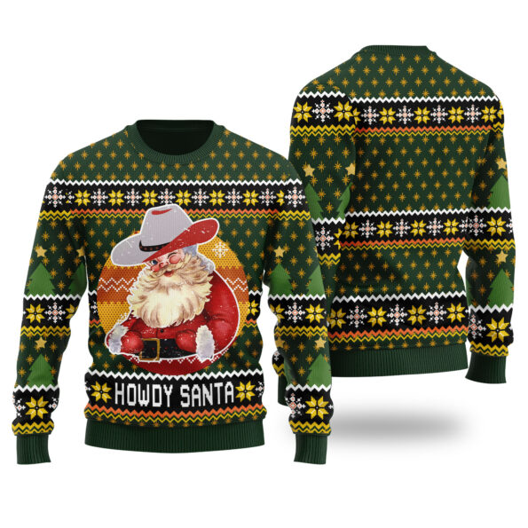 Howdy Santa Retro Ugly Sweater Forest Green