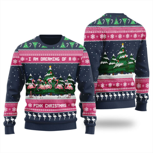 I Am Dreaming Of A Pink Christmas Flamingo Christmas Sweater Navy