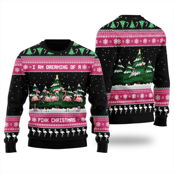 I Am Dreaming Of A Pink Christmas Flamingo Ugly Sweater Black