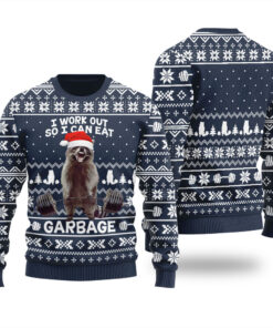 I Can Work So I Can Eat Raccoon Lifting Ugly Christmas Sweater Navy