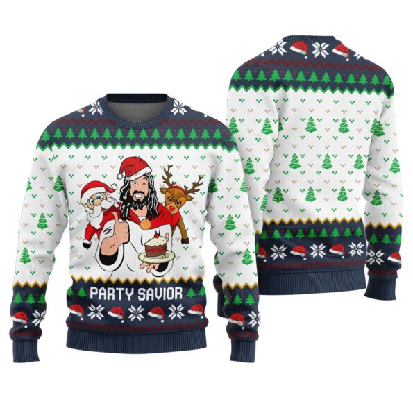 Jesus Party Savior Christmas Sweater Navy