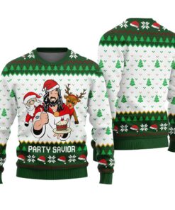 Jesus Party Savior Ugly Sweater Forest Green