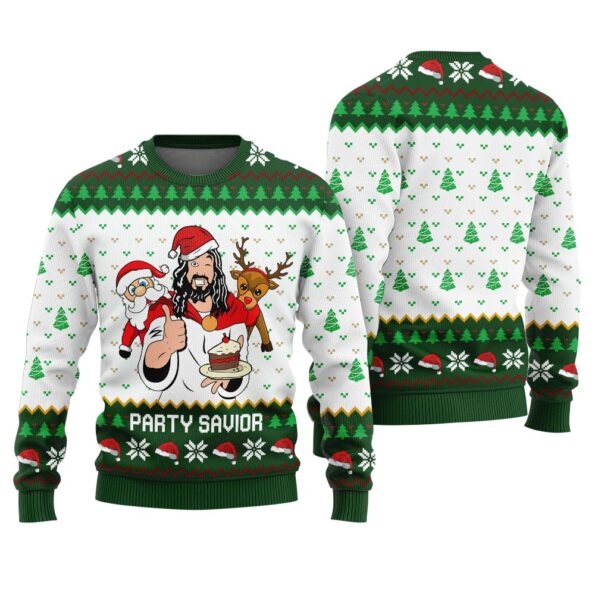 Jesus Party Savior Ugly Sweater Forest Green