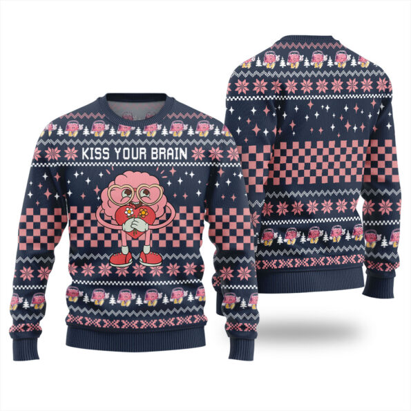 Kiss Your Brain Ugly Christmas Sweater Navy