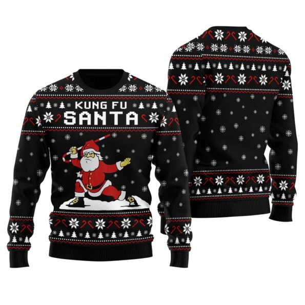 Kungfu Santa Ugly Christmas Sweater Black