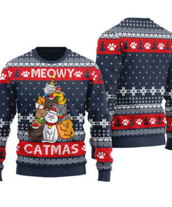 Meowy Catmas Funny Cat Ugly Christmas Sweater Navy