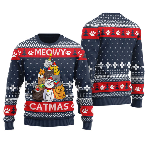 Meowy Catmas Funny Cat Ugly Christmas Sweater Navy