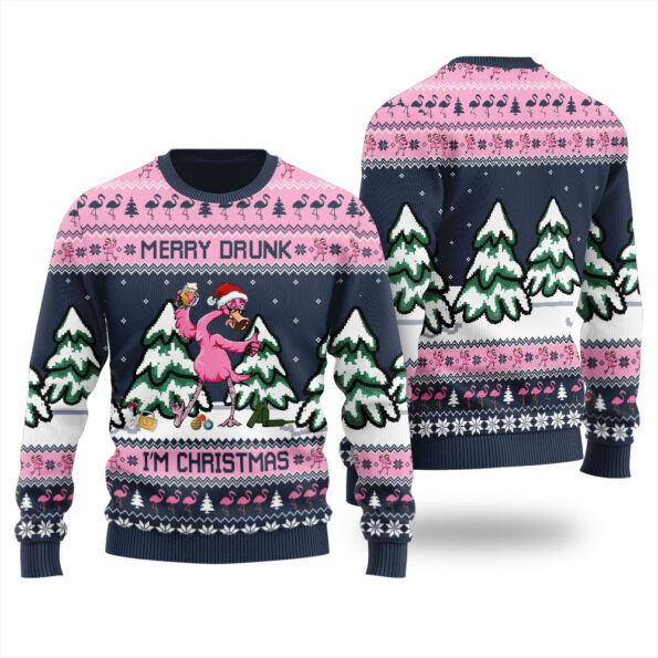 Merry Drunk Im Christmas Flamingo Christmas Sweater Navy